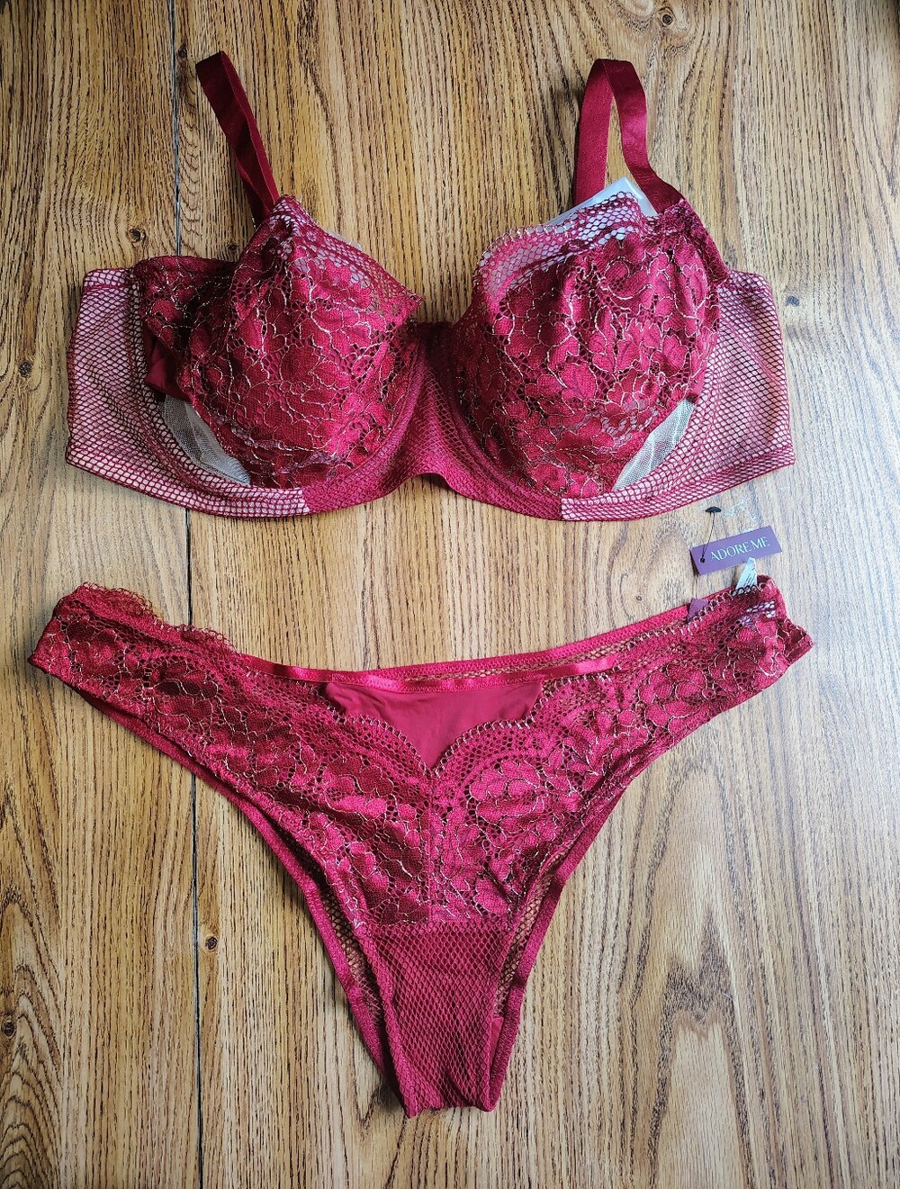 Adore Me Women's Lace Mesh Underwire Bra & Bikini Set Deep Wine sz 46DD. - Picture 2 of 16